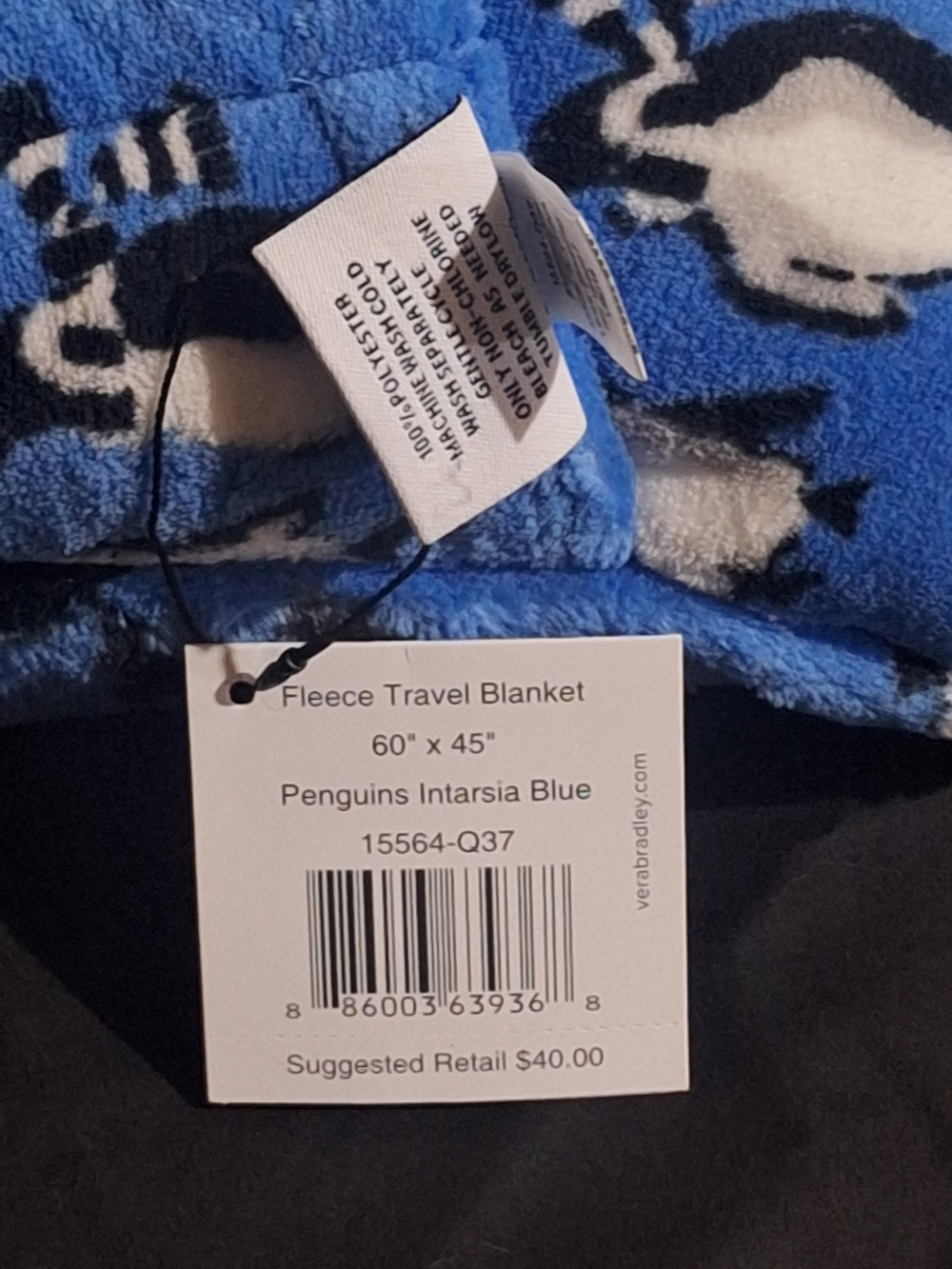Vera Bradley Blue Penguin Fleece Travel Blanket and slipper set - Picture 4 of 4